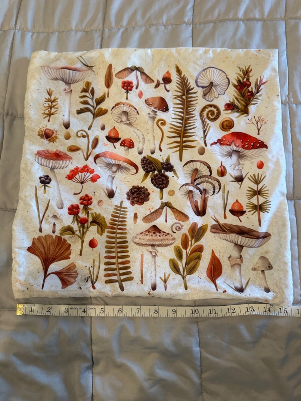 Botanical Mushroom Print Square Pillow Cover- Cream, Red, Brown, Green Accents